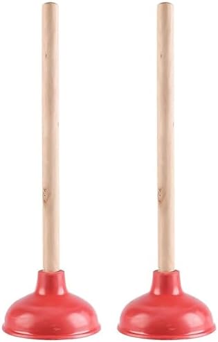 Toilet Plunger Red Heavy Duty Force Cup Rubber with A Long Wooden Handle to Fix Clogged Toilets and Drains, Perfect for Kitchens and Bathrooms (2 pcs)
