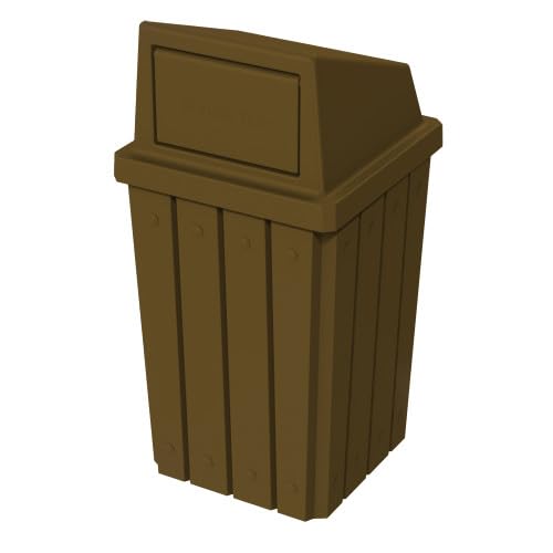 Campus Collection 32 Gallon Square Slatted 100% Recycled Plastic Heavy-Duty Commercial Outdoor or Indoor Trash Can with Push Top Lid | Great for Schools and Businesses - Brown