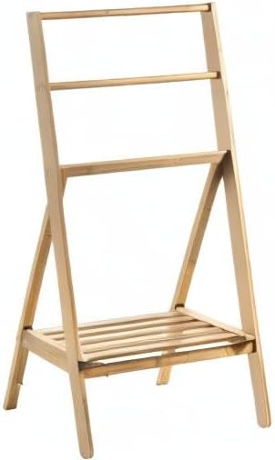 MyGift 43" H Free Standing Towel Rack, Foldable Solid Bamboo Drying Rack with Storage Shelf, Blanket Drying Rack for Towels Bathroom Accessories, Light Brown