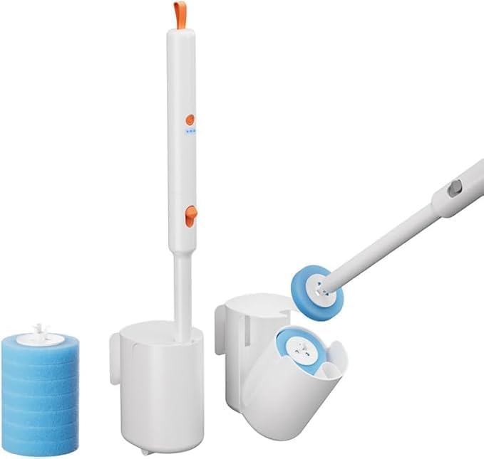 Electric Toilet Brush with Disposable Heads, Wall-Mounted Power Scrubber, 3-Speed Motor, 250 RPM Deep Clean Technology (Orange and White)