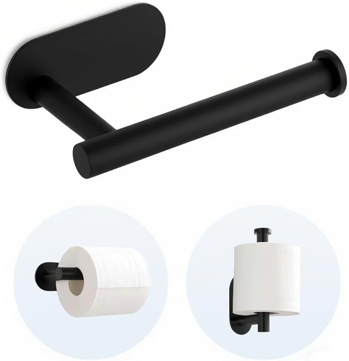 2 Packs Toilet Paper Holder No-Drill Self-Adhesive Towel Rack Stainless Steel Waterproof Rustproof Roll Paper Holder for Bathroom Washroom RVs (Black)