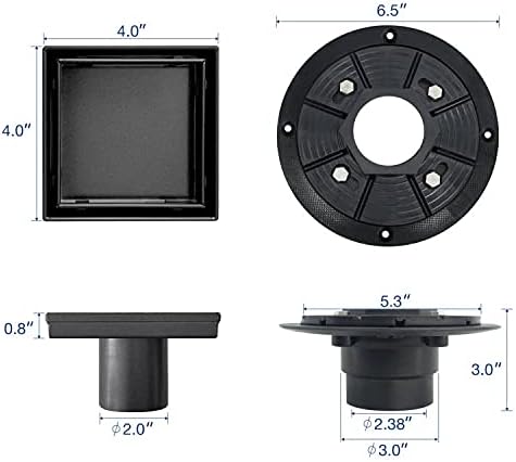 Neodrain 4-Inch Square Shower Drain with Removable Tile Insert Grate, 304 Stainless Steel, Includes Shower Drain Base Hair Strainer, Matte Black