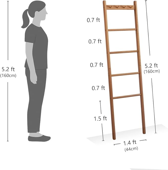 Beech Wood Blanket Ladder, 5.3ft Natural Farmhouse Quilt Holder with Top Hooks, 4-Bar Decorative Throw Rack, Towel Shelf for Living Room, Bedroom, Small Space Storage (Natural)