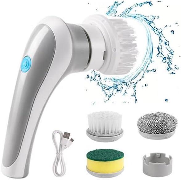 Cordless Handheld Rechargeable Electric Rotary Scrubber with 3 Replaceable Brush Heads, Suitable for Cleaning Tableware/Bathroom/Floor/Sink/Window