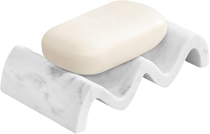 Luxspire Soap Dish, Marble Soap Dish, Self-draining Tray, Soap Holder Saver for Shower, Bathroom, Sink, Kitchen and Countertop, Gravel White