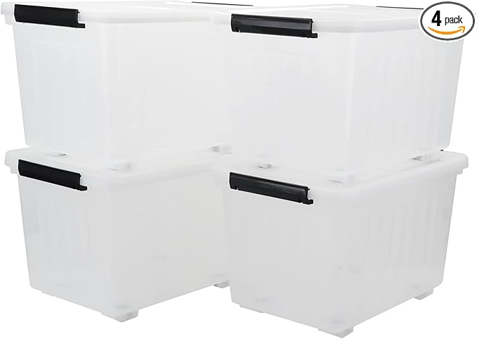 4-Pack Clear Large Plastic Storage Box with Wheels, 70 L Latching Storage Box