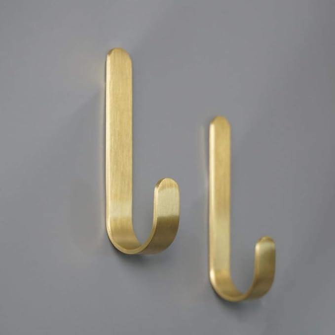 Brass Bath Towel Hook, Brushed Gold Coat Robe Clothes Hook for Bathroom Kitchen Garage Wall Mounted (Pack of 2), No Screw Need