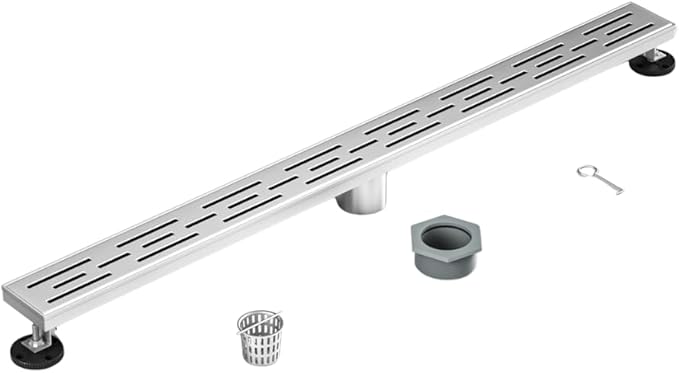 36 Inch Rectangular Linear Shower Drain Set with Brick Pattern Grate, 304 Stainless Steel Bathroom Floor Drain with Hair Catcher, Shower Floor Drain Includes Adjustable Leveling Feet