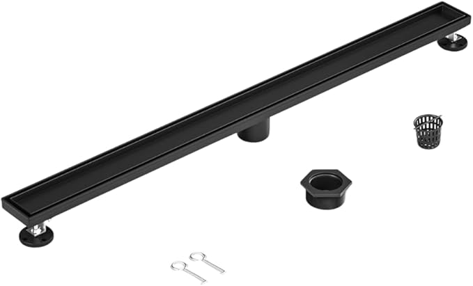36 Inch Rectangular Linear Shower Drain Set with Reversible Flat & Tile Insert Cover, 304 Stainless Steel Bathroom Floor Drain with Hair Catcher, Shower Floor Drain Includes Adjustable Leveling Feet