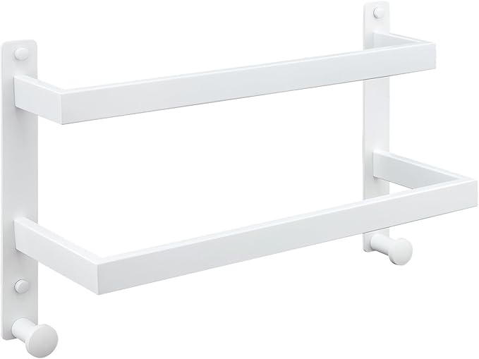 16 Inch Double Towel Bar for Bathroom with Hooks SUS 304 Stainless Steel Bath Towel Rack Wall Mounted White Finished