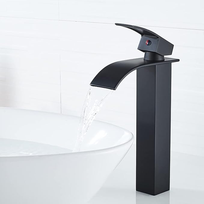VOTON Vessel Sink Faucet Matte Black Modern Tall Waterfall Bathroom Sink Faucet with Pop-Up Drain Single Handle Bathroom Faucet 1 Hole Bowl Lavatory Vanity Faucet, Rv Sink Camper Farmhouse Faucet