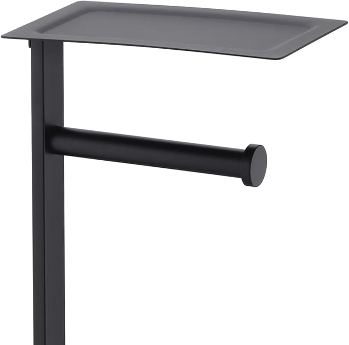 Miyili Matte Black Freestanding Toilet Paper Holder with Shelf, Paper Towel Dispenser Storage Organizer for Bathroom Square Style, F04B2