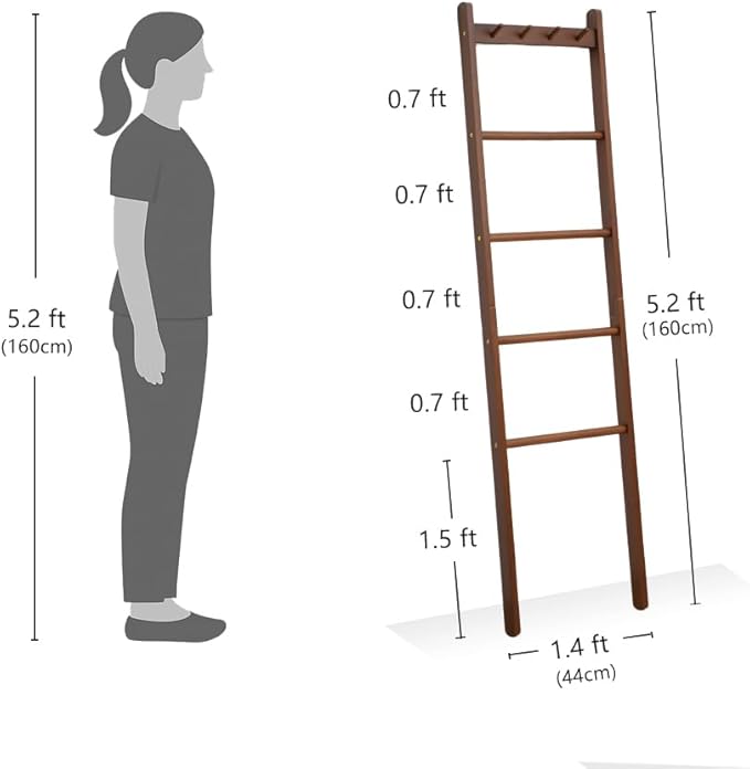 Beech Wood Blanket Ladder, 5.3ft Natural Farmhouse Quilt Holder with Top Hooks, 4-Bar Decorative Throw Rack, Towel Shelf for Living Room, Bedroom, Small Space Storage (Walunt)