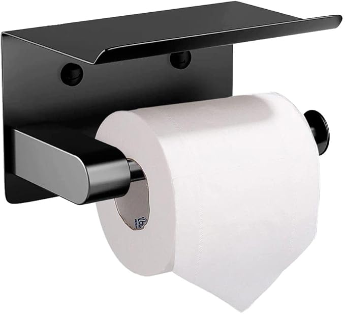 Toilet Paper Holder- Wall Toilet Paper Holder with Phone Shelf Storage Paper Roll Tissue Holder Dispenser Mounted Black Adhesive Paper Holders with Shelf Organizer for Bathroom