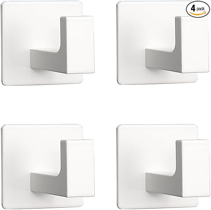 Bath Towel Hooks, 4 Pack Self Adhesive Square Coat Hooks, Sturdy No Drilling Robe Hook, Heavy Duty Aluminum Clothes Hanger, Wall Hooks for Bathroom Bedroom Kitchen (2 in, White)