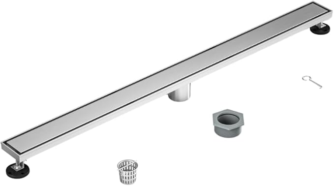36 Inch Rectangular Linear Shower Drain Set with Reversible Flat & Tile Insert Cover, 304 Stainless Steel Bathroom Floor Drain with Hair Catcher, Shower Floor Drain Includes Adjustable Leveling Feet