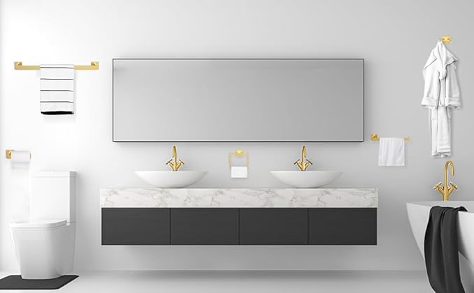 BOZWELL 1 Double Towel Hook and 2 Towel Hooks for Bathroom Light Brushed Gold Wall Mount，3 Pack Modern Square Style Coat Robe Hook，Stainless Steel Heavy Duty Door Hanger for Bathroom 1502-G-3