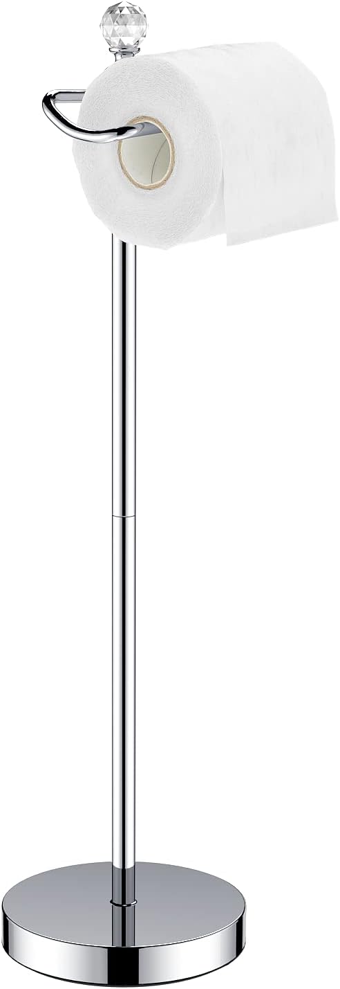 Toilet Paper Holder Stand (with Reserve Function) Free Standing Toilet Paper Holder for Bathroom Total Height 24.4" with Crystal Finial, Chrome Finish