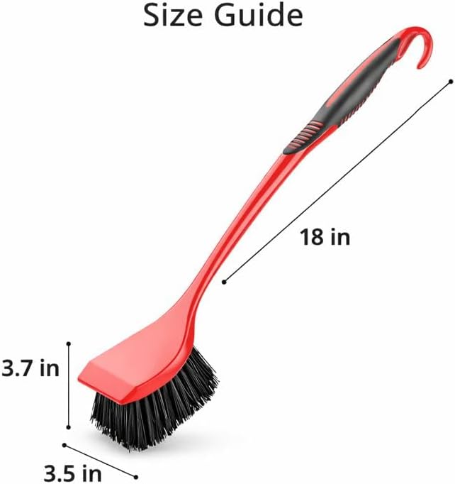 High Power Scrub Brush, Red & Black Heavy Duty Cleaning Brush with Long Handle, 3.75 Inch Wide Bristles for Bathroom, Kitchen, Tile, Grout & Tough Messes