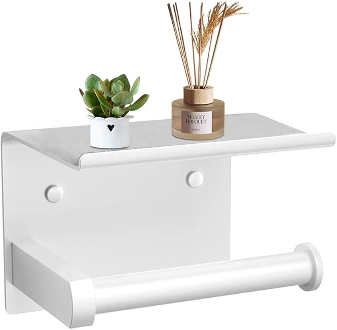 Adhesive Toilet Paper Holder with Phone Shelf Paper Tissue Holder Storage 304 Stainless Steel Wall Mounted Toilet Roll Holder Dispenser,Paper Holder with Shelf Bathroom Organizer White