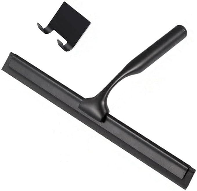 Gold T Design Aluminum Shower Squeegee with Silicone Brush for Bathroom Door Mirror Car Glass with Hook Scraper Cleaner,Black,25.6 * 16.5cm Hook Type