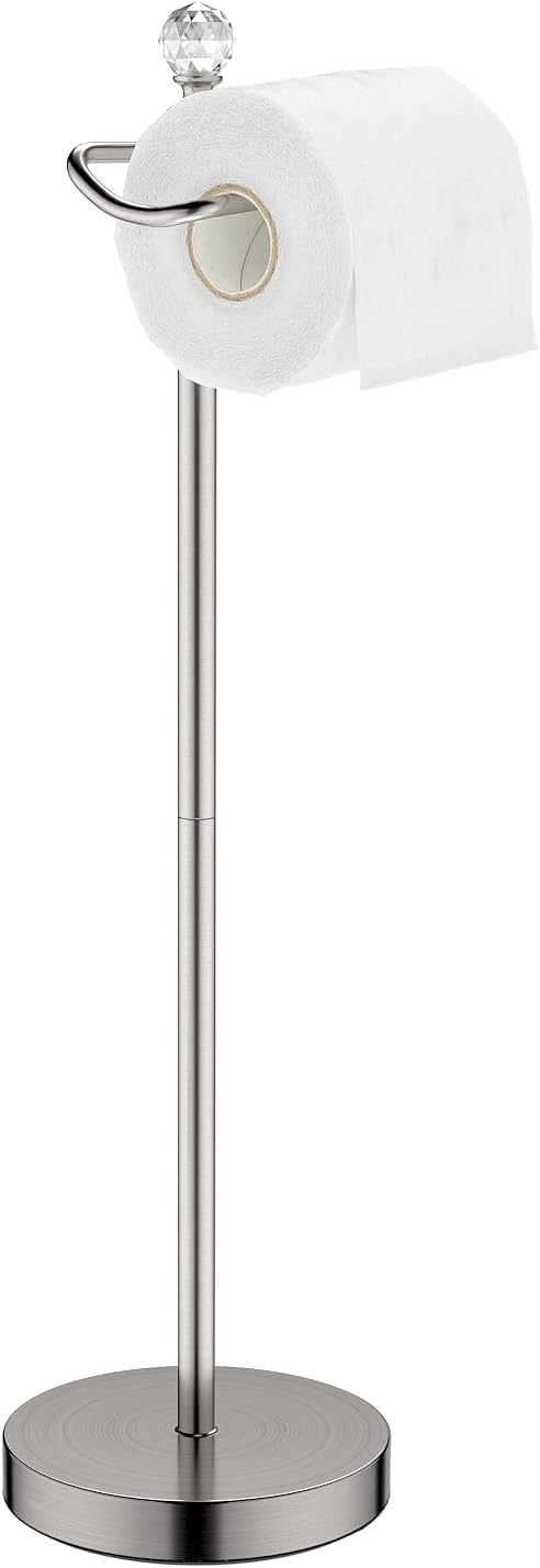 Toilet Paper Holder Stand with Crystal Head, Brushed Nickel Toilet Paper Holder Free Standing 24.4" H, Stand Up Toilet Paper Roll Holder for Bathroom, Floor Toilet Paper Storage