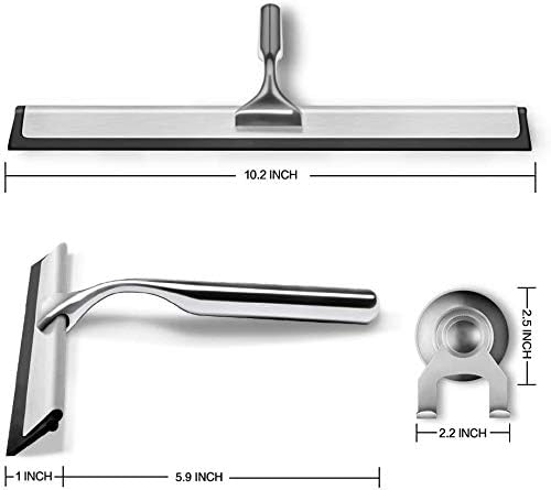 Shower Squeegee for Shower Doors, Window, Bathroom, Mirror and Car Glass, All-Purpose Cleaning Squeegee with Powerful Suction Cup Hooks Holder – Stainless Steel, 10 Inches. (Black)