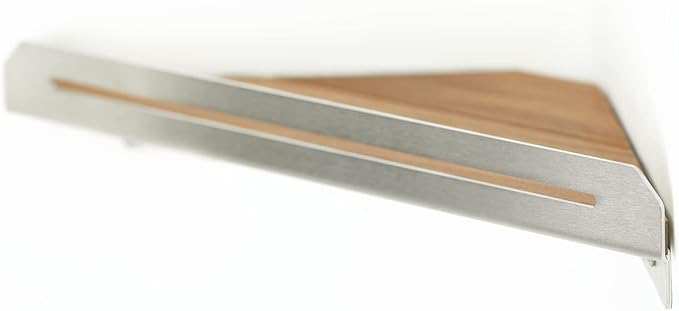 Seachrome Corner Shower Shelf in a Satin Finish with a Natural Teak Wood Insert