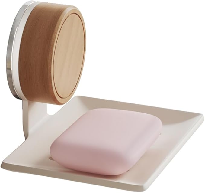 Soap Dish, Walnut and Stainless Steel,Soap Bar Holder for Shower Double-Sided Tape Wall Mounted, No-Drilling Waterproof Sponge Holder for Bathroom Bathtub Kitchen Sink, Keep Dry (White)