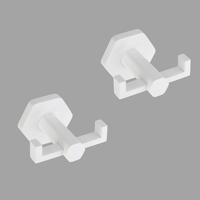 GERZWY White Bathroom Hooks, Double Towel Robe/Coat Clothes Hook Stainless Steel Hanger Wall Hooks Heavy Duty for Bath Wall Mounted 2 Pack