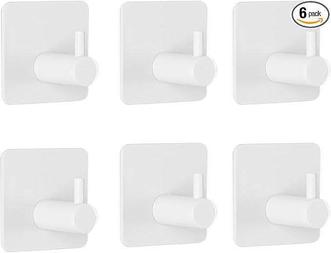 Miliocry 6 Packs Bathroom Towel Hooks, Adhesive Hooks Heavy Duty Wall Hook, Waterproof Stainless Steel Towel Hanger Robe Hat Coat Holder, Wall Mount Hooks for Bathroom,Bedroom,Kitchen(White-Square)