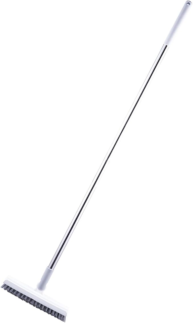 2 in 1 Floor Brush Scrubber with Long Handle Rotating Grout Brush Scrape V Shape Scrub Brush with Squeegee Deck Scrubber Brush for Deck Bathroom Kitchen (White)
