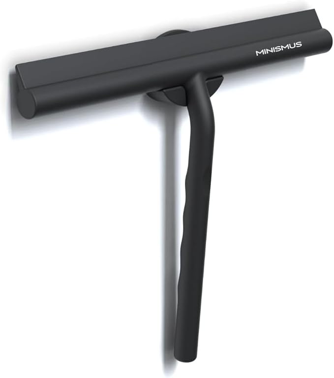 Minismus Shower Squeegee with Magnetic Hook - Silicone Window Wiper with Adhesive Wall Mounted Hanger - Shower Squeegee for Glass Doors - Rubber Squeegee - Shower Glass Cleaner (8.25 inches, Black)