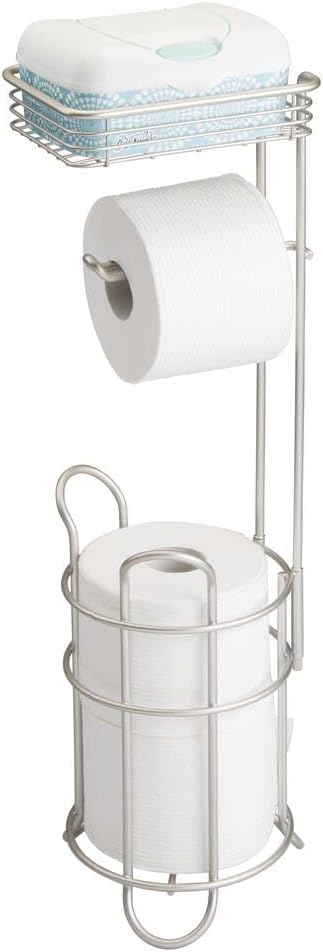 mDesign Steel Toilet Paper Holder Stand & Dispenser with Storage Shelf, Concerto Collection - Satin, Holds 2 Extra Mega Rolls