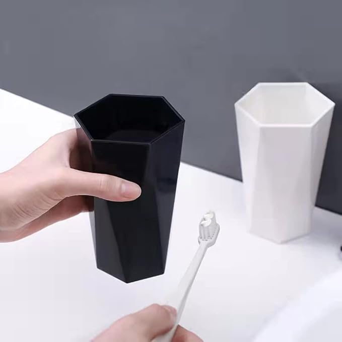 Bathroom 2-Pack, Plastic Toothbrush Holder, Drinking Cup, Geometric Diamond mouthwash Cups, 280 ml/9.5 oz(Black & Off White)