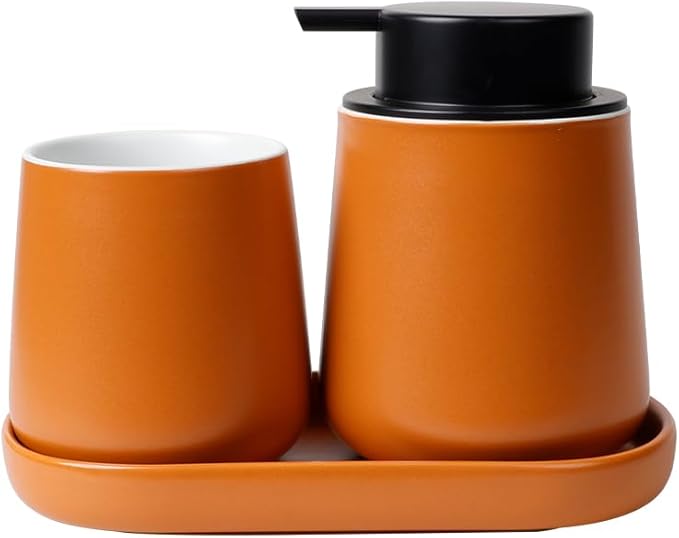 BosilunLife Bathroom Accessory Set - 3 pcs Ceramic Bathroom Soap Dispenser Set Farmhouse Bathroom Counter Decor Set Accessories, Soap Dispenser and Toothbrush Holder with Tray, Orange