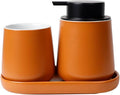 BosilunLife Bathroom Accessory Set - 3 pcs Ceramic Bathroom Soap Dispenser Set Farmhouse Bathroom Counter Decor Set Accessories, Soap Dispenser and Toothbrush Holder with Tray, Orange