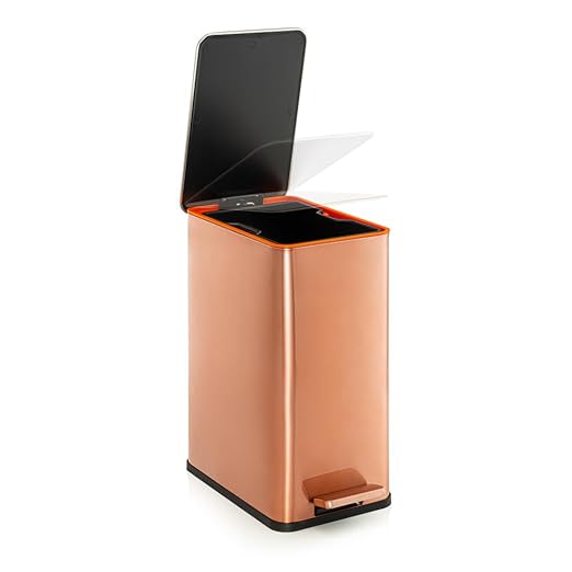 RED FACTOR Slim 2.6 Gallon Stainless Steel Pedal Trash Can with Soft Close Lid for Narrow Spaces – Wastebasket Bin with Removable Inner Bucket for Bathroom, Kitchen, Bedroom or Office (Copper)