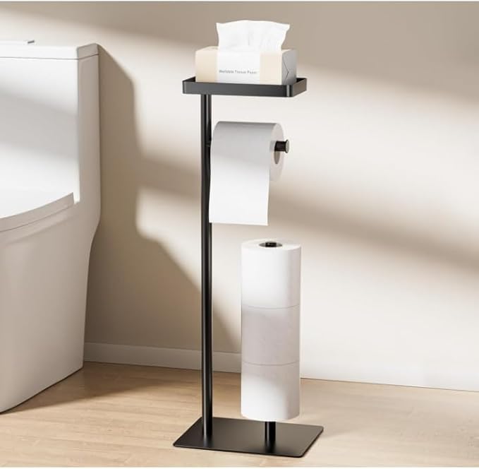 Freestanding Toilet Paper Holder Stand with Storage, Rustproof Metal Bathroom Paper Stand with Weighted Anti-Slip Base, Fits 4 Spare Rolls and Shelf for Phone & Small Items, No Drilling