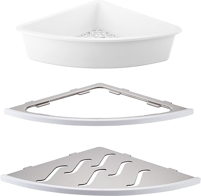 10" Corner Shower Shelf 2pcs with Basket and Recessed Shower Corner Shelf, 14 Guage Thick 304 Stainless Steel Grounted in for Tiled Wall, No Drilling Holes Needed.
