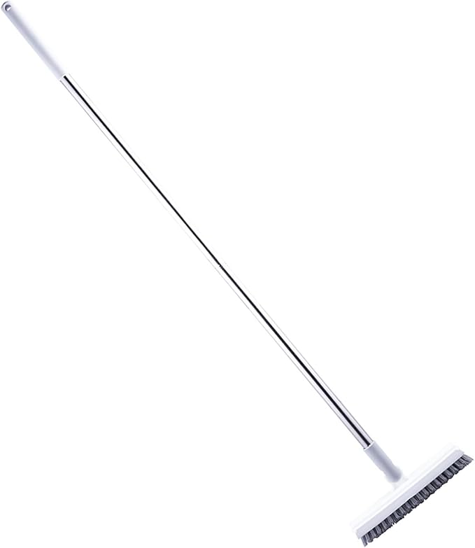 2 in 1 Floor Brush Scrubber with Long Handle Rotating Grout Brush Scrape V Shape Scrub Brush with Squeegee Deck Scrubber Brush for Deck Bathroom Kitchen (White)