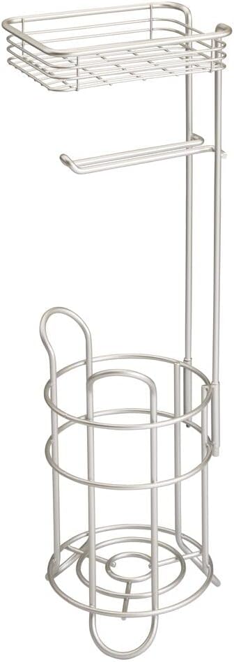 mDesign Steel Toilet Paper Holder Stand & Dispenser with Storage Shelf, Concerto Collection - Satin, Holds 2 Extra Mega Rolls
