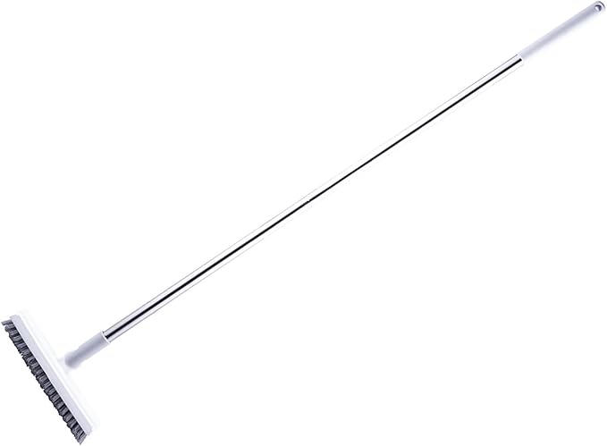 2 in 1 Floor Brush Scrubber with Long Handle Rotating Grout Brush Scrape V Shape Scrub Brush with Squeegee Deck Scrubber Brush for Deck Bathroom Kitchen (White)