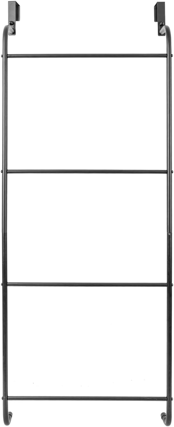 MyGift Black 4 Rung Metal Ladder Over The Door Towel Rack - Bathroom Towel Holder, Over Shower Door Drying Rack for Towels & Blankets
