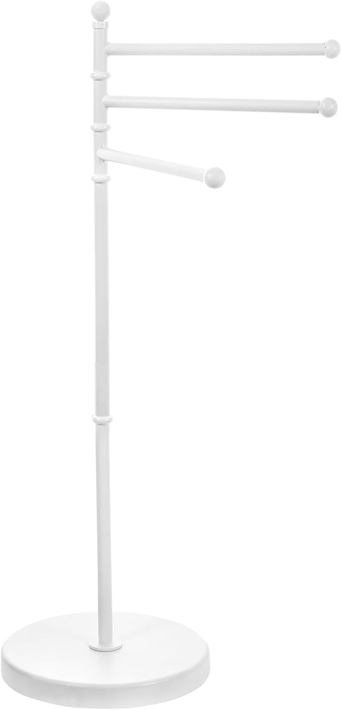 MyGift 40 Inch Bathroom Towel Holder, Matte White Metal Floor Standing Rack with 3 Swivel Bars, Spa Pool Hot Tub Valet Accessories Stand for Drying Towels