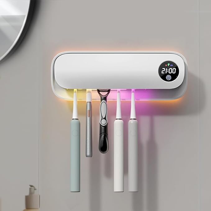 Toothbrush Holder for Bathroom, Smart Toothbrush Holder with Cleaning/Drying/Timing, 5 Toothbrush Slots Wall Mounted Toothbrush Holders with Night Light, Cleaning Case with Replaceable Slot (White)