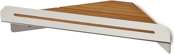Seachrome Corner Shower Shelf in a Polished Finish with a Natural Teak Wood Insert