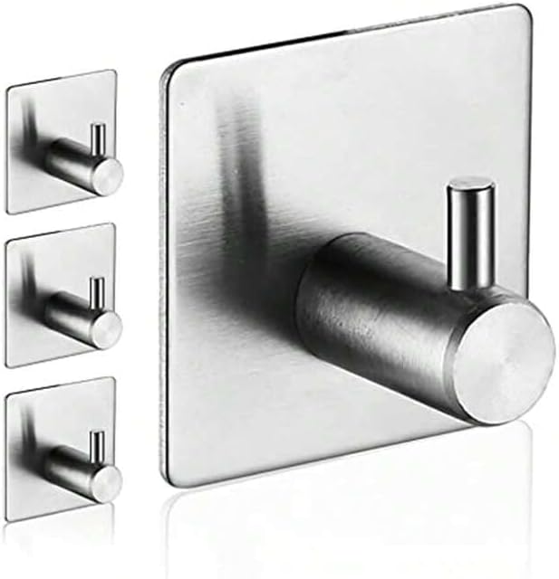 4-Pack Adhesive Hooks – Heavy Duty Stainless Steel Stick-On Wall Hooks for Bathroom, Kitchen, Doors, and Cabinets – Waterproof, Rust-Resistant, No Drill Required (Black/Silver)
