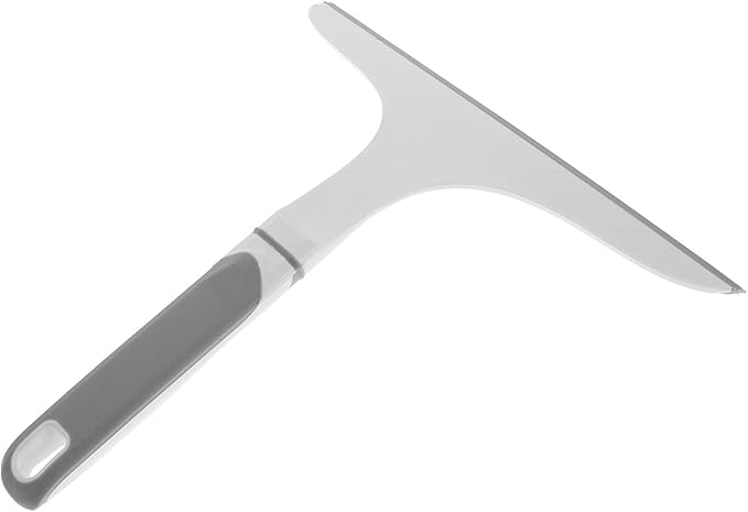 Glass Shower Squeegee Curved Handle, Flexible Soft Rubber Blade, Gray-White, Bathroom Cleaning Wiper Tool for Shower Doors, Mirrors, and Smooth Surfaces