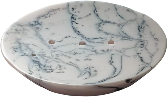 Ajuny Marble Resin Soap Dish Self Draining Oval Bar Soap Holder White & Black Countertop Tray Soap Saver for Bathroom Shower Kitchen Sink & Bathtub Easy to Clean